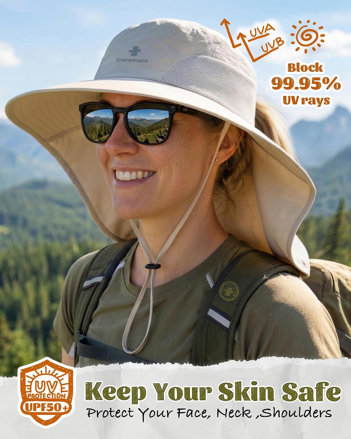 Camptrace Sun Hats for Women Men UPF 50+ UV Protection Wide Brim Hiking Fishing Hat with Neck Flap One Size 01-hot Color Beige