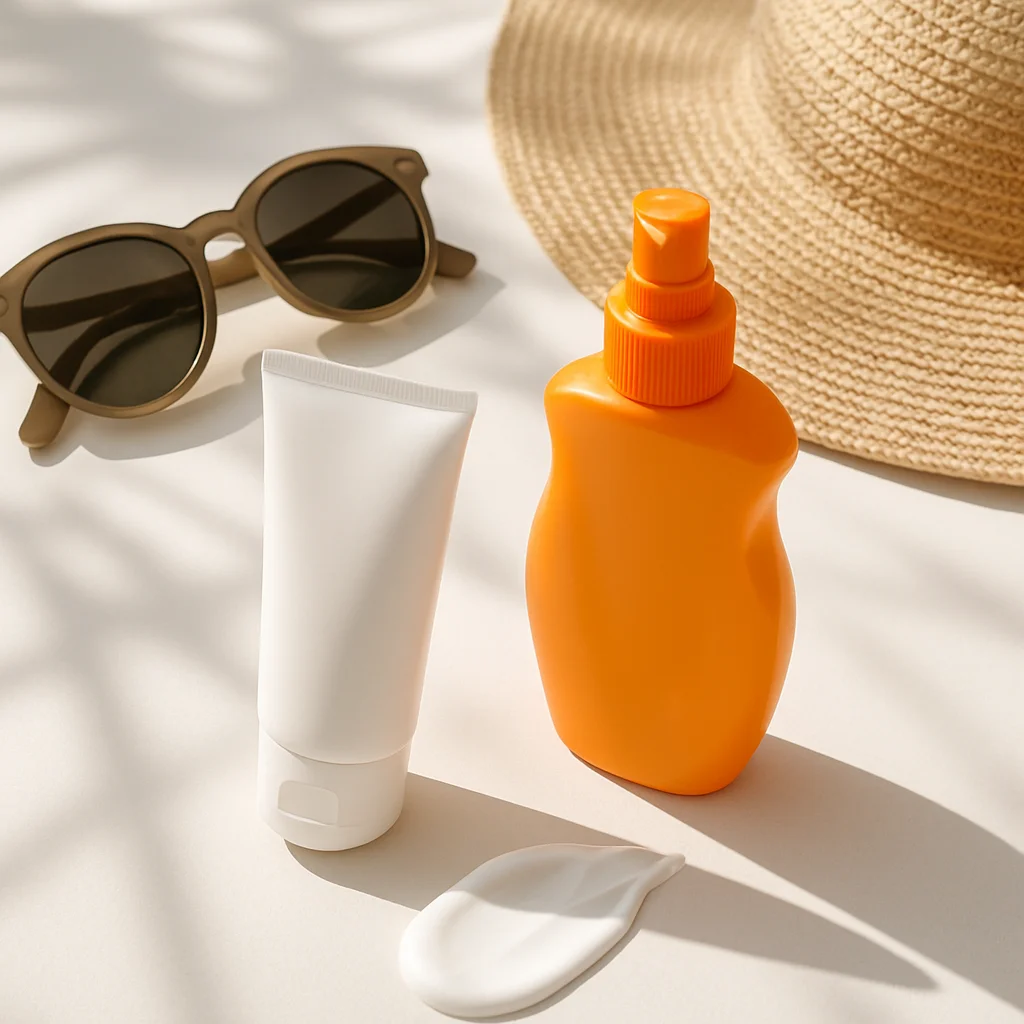 A mother applying white mineral sunscreen to her young child's nose on a sunny beach, with a UPF sun hat and reef-safe bottle visible in the foreground